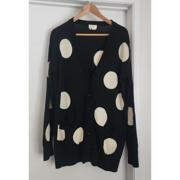 Kate Spade New York Polka Dot Wool Cardigan Sweater Black Cream Sz L - Picture 1 of 5